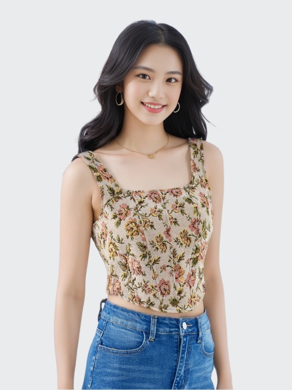 Áo croptop cổ vuông họa tiết hoa vintage